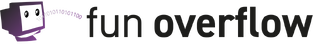 Ein stilisierter Röhren-Computermonitor, aus dem Einsen und Nullen kommen, neben dem Schriftzug "fun overflow"
